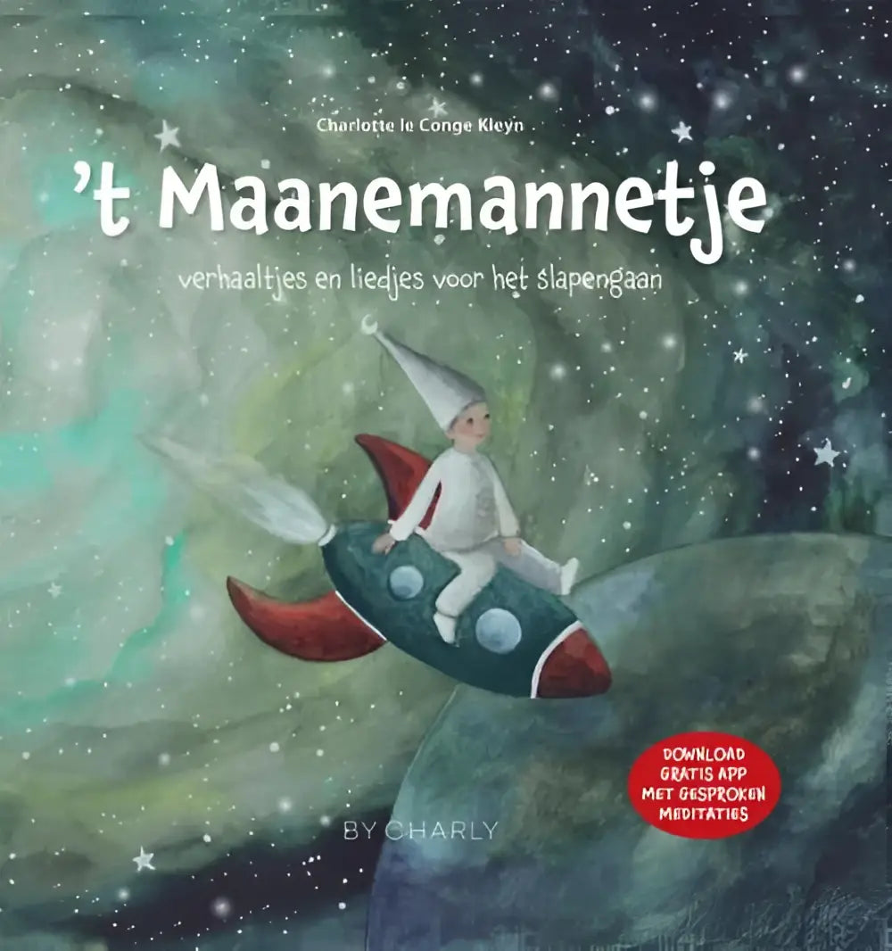 Whimsical nederlandstalig hardback children’s book t maanemannetje by charlotte le conge features white figure on red green rocket