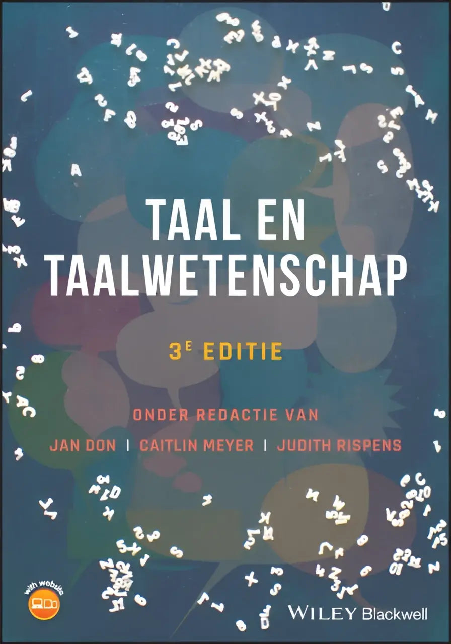 Boekcover van taal en taalwetenschap met witte letters en abstracte vormen op blauwgroene verloopachtergrond