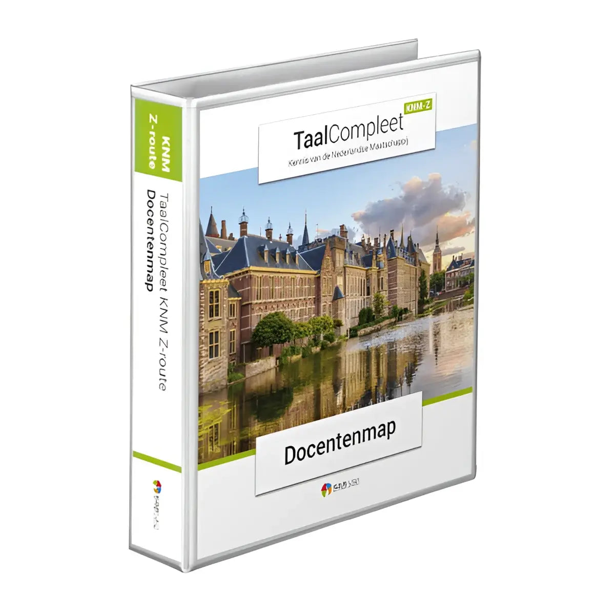 Witte en groene taalcompleet knn-2 docentenmap met glossy cover en afbeelding van historisch Nederlands gebouw in water reflectie