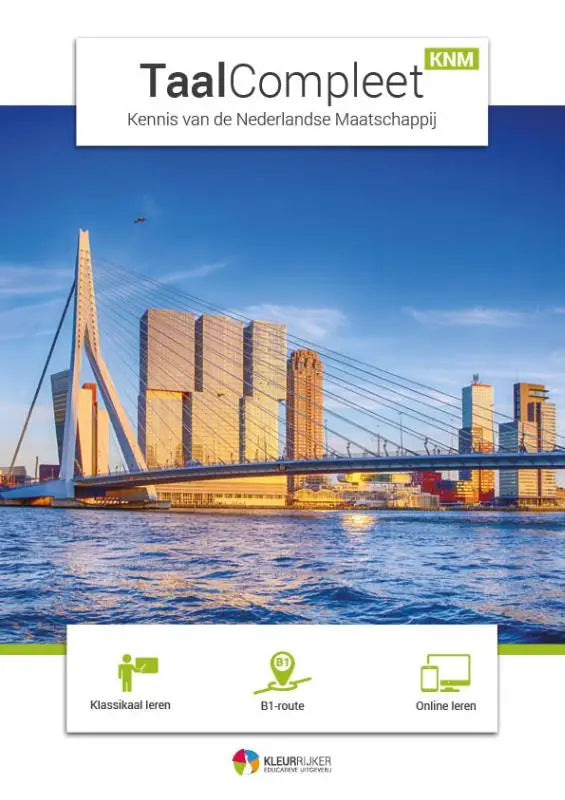 De voorkant van het taalcompleet klm taalleerboek met blauwe lucht en gouden moderne gebouwen met een brug