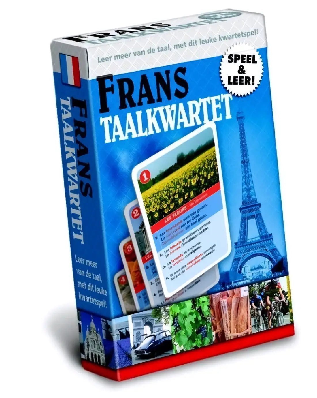 Blauw-wit taalkwartet frans kaartspel met eiffeltoren ontwerp voor franse taalvaardigheid en educatief spel
