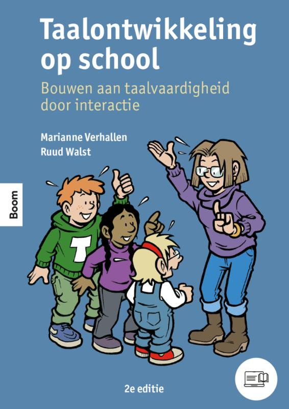 Blauwe boekcover Taalontwikkeling op school met cartoonleraar en vier kinderen