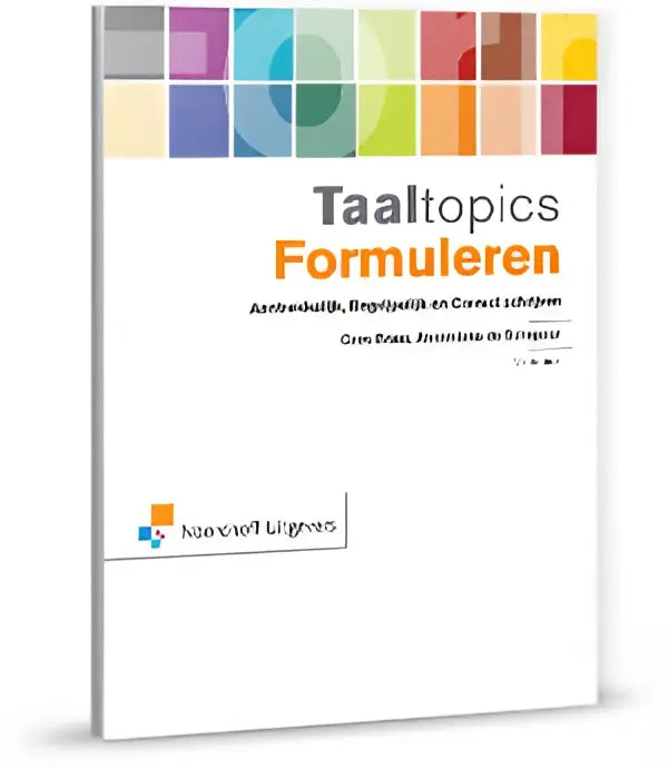 De boekcover van taaltopics formuleren van cees braas toont een kleurrijk raster en titel in oranje en zwart