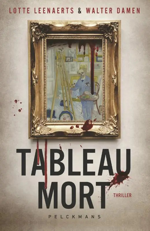 Ornate goudgeramd tableau mort schilderij met bloedvlekken op lijst en muur toont schilder aan het werk
