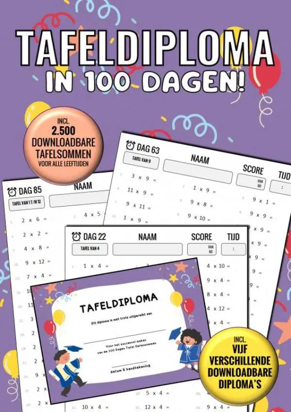 Paars gekleurd oefenboek tafeldiploma in 100 dagen met kleurrijke rekencertificaten voor vermenigvuldiging 1 t/m 12