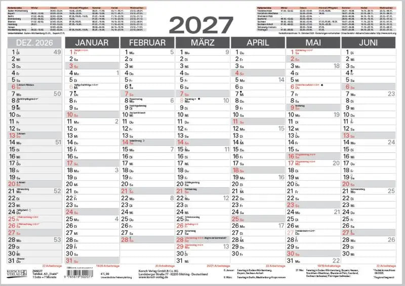 Tafelkalender a3 stabil 2027 mit vorder- und rückseite, monatliche raster, schwarze texte und rote wochenend highlights