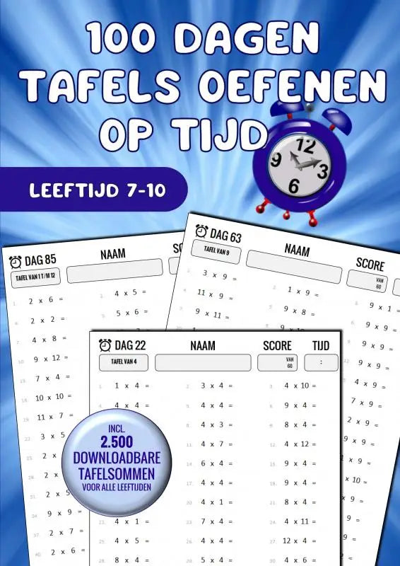 Paars alarmklokje met witte wijzerplaat en rode voeten, ondersteunt dagen tafels oefenen en vermenigvuldigingstafels