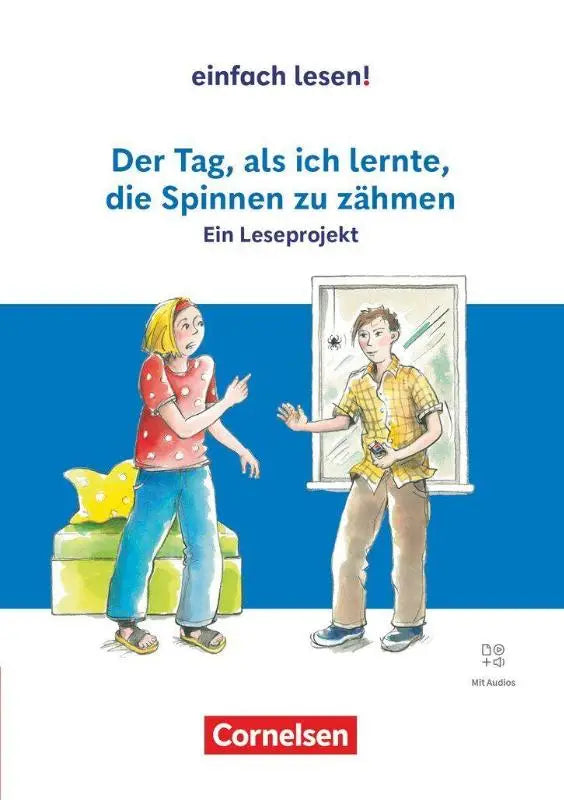 Blauw-witte geïllustreerde werkboek met oplossingen over ich lernte spinnen zu zähmen en kinderen die leren tellen