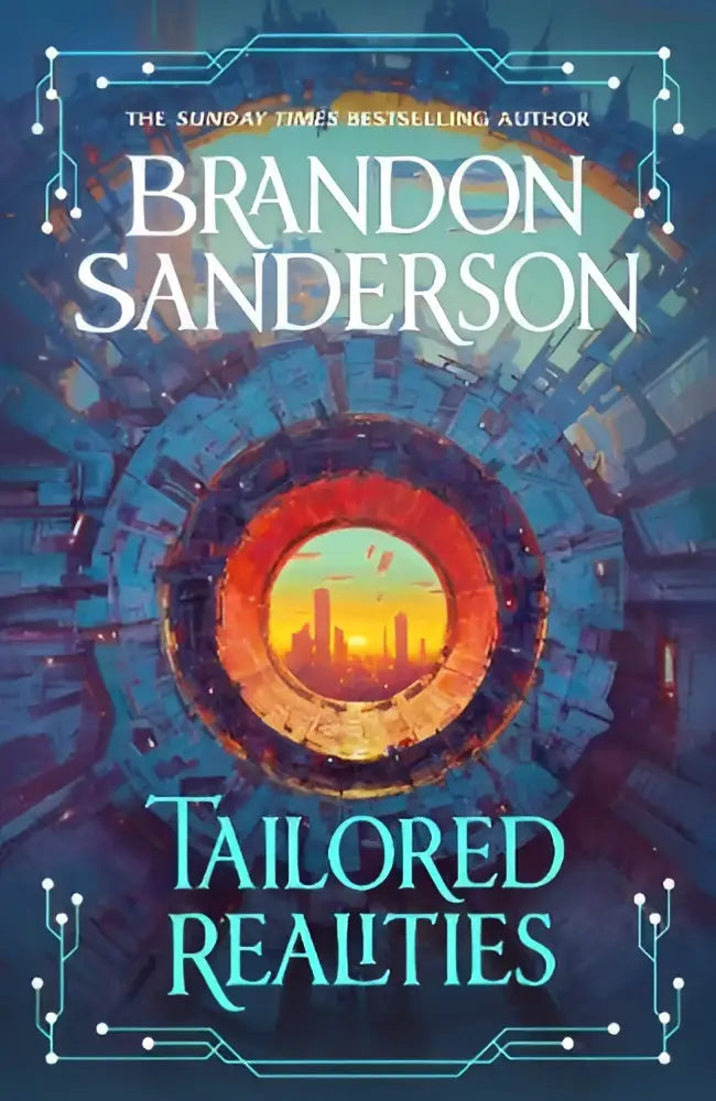 The book cover of tailored realities shows a futuristic circular portal in glowing orange and blue hues for short fiction from fantasy