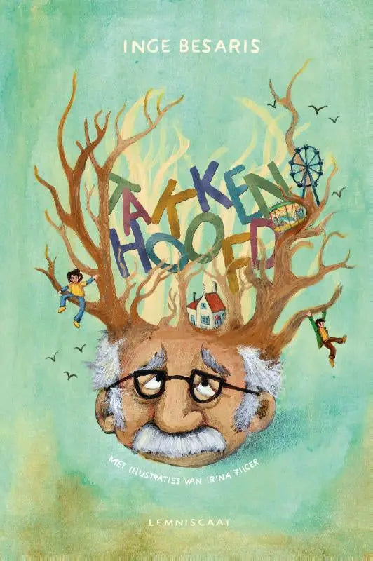 Whimsical illustrated book cover by inge besaris featuring a man with glasses and white beard with tree branches head labeled takkenhoofd