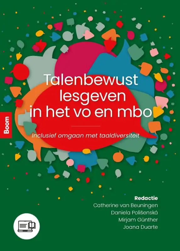 Het boek talenbewust lesgeven in het vo en mbo heeft een groene omslag met kleurrijke overlappende spraakballonnen