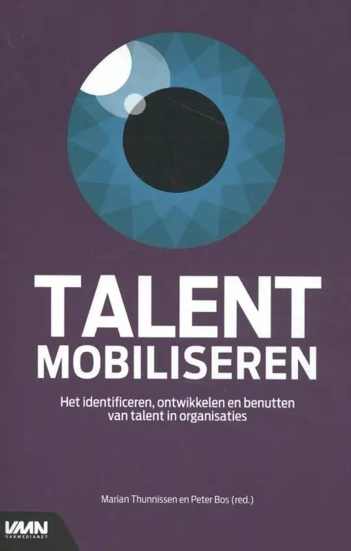 Een gestileerde blauwe ooggrafiek met zwart pupil en witte highlights voor talent mobiliseren van Marian Thunnissen en Peter Bos