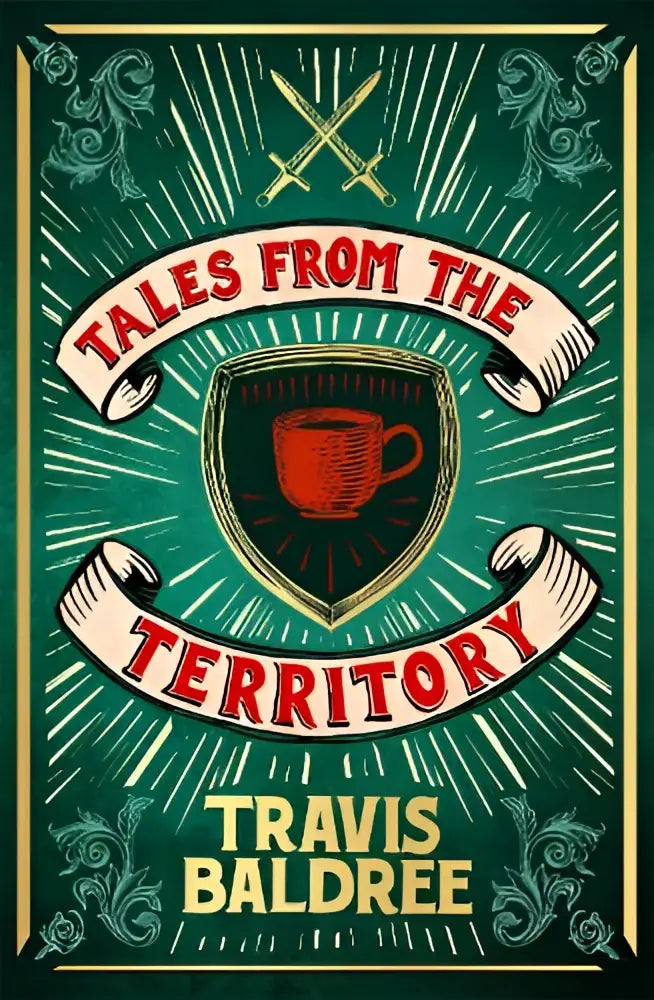 De boekcover van tales from the territory toont een rode koffiekop in een schild op een groen ornamentaal patroon