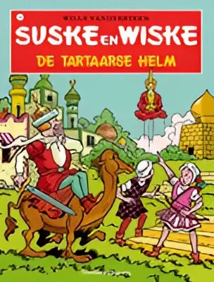 De levendige cartoonstijl cover van suske en wiske de tartaarse helm met opvallende rode en gele letters