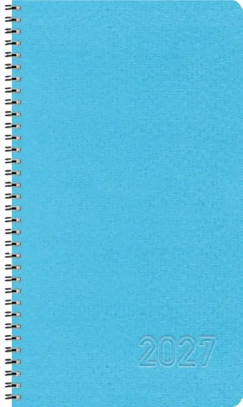 Een felblauwe wochentimer small blau met ringband, hardcover en jaar 2027 op de getextureerde omslag