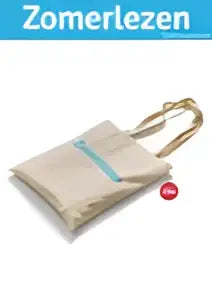 Beige canvas tas met blauwe ritstrekker en zilverkleurig metalen handvat, onderdeel van tasjes set zomerlezen 2026 samengesteld pakket