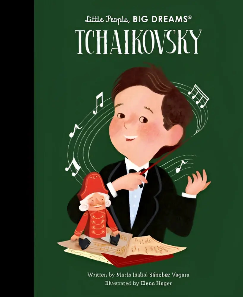 Een charmant geïllustreerde kinderboekcover van tchaikovsky met een cartoon van de componist in formele kleding en een kleine rood geklede figuur erbij