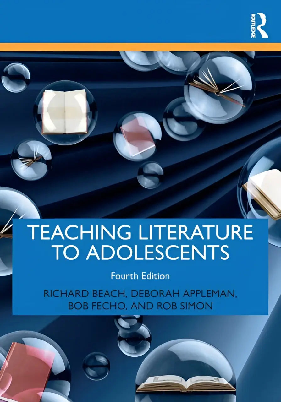 De boekomslag van teaching literature to adolescents vierde editie toont een donkerblauwe achtergrond met open boeken in doorzichtige bubbels voor engelsdocenten
