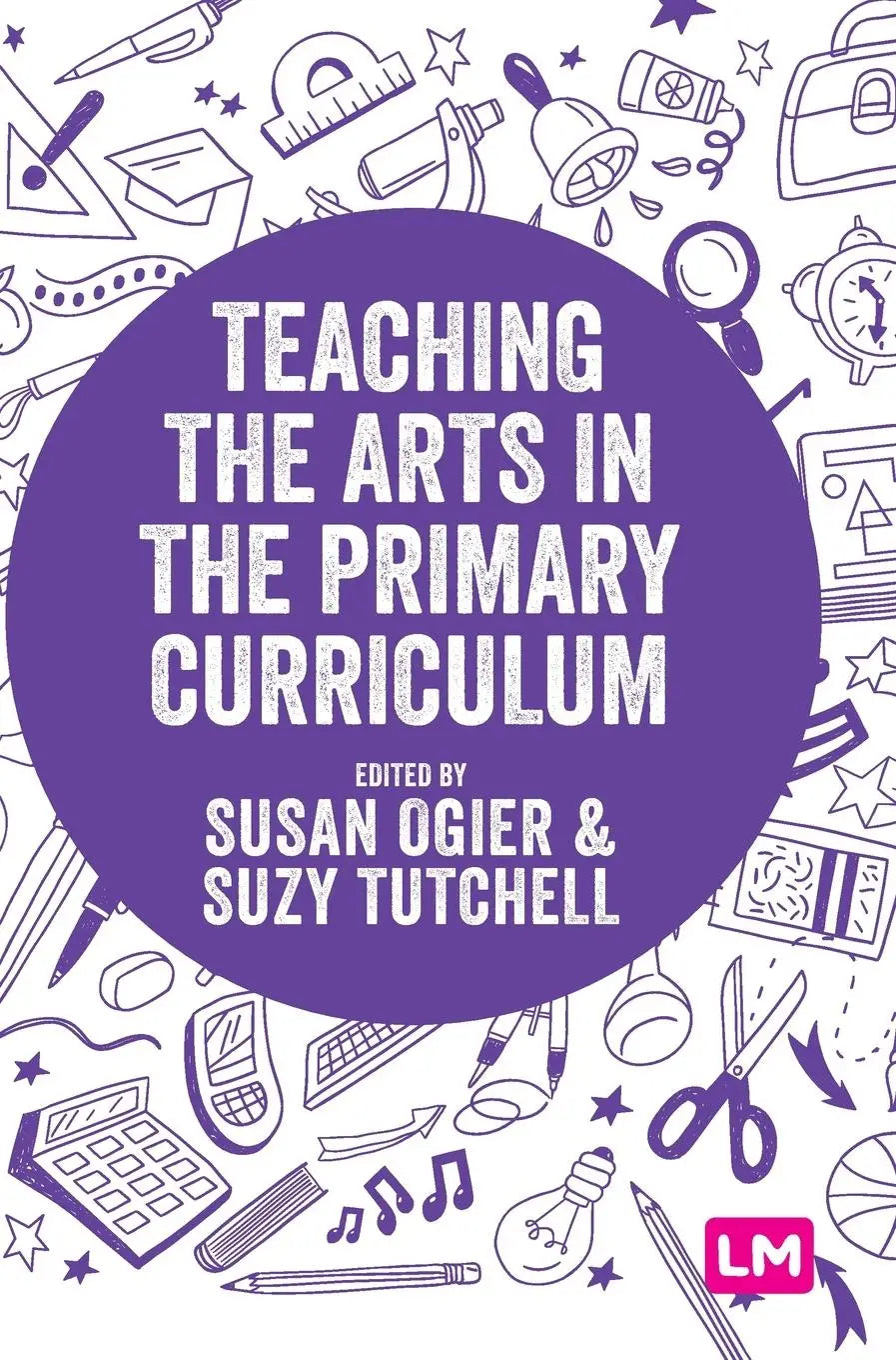 Paars rond boekcover met witte tekst teaching the arts in the primary curriculum en schoolbenodigdheden lijntekeningen
