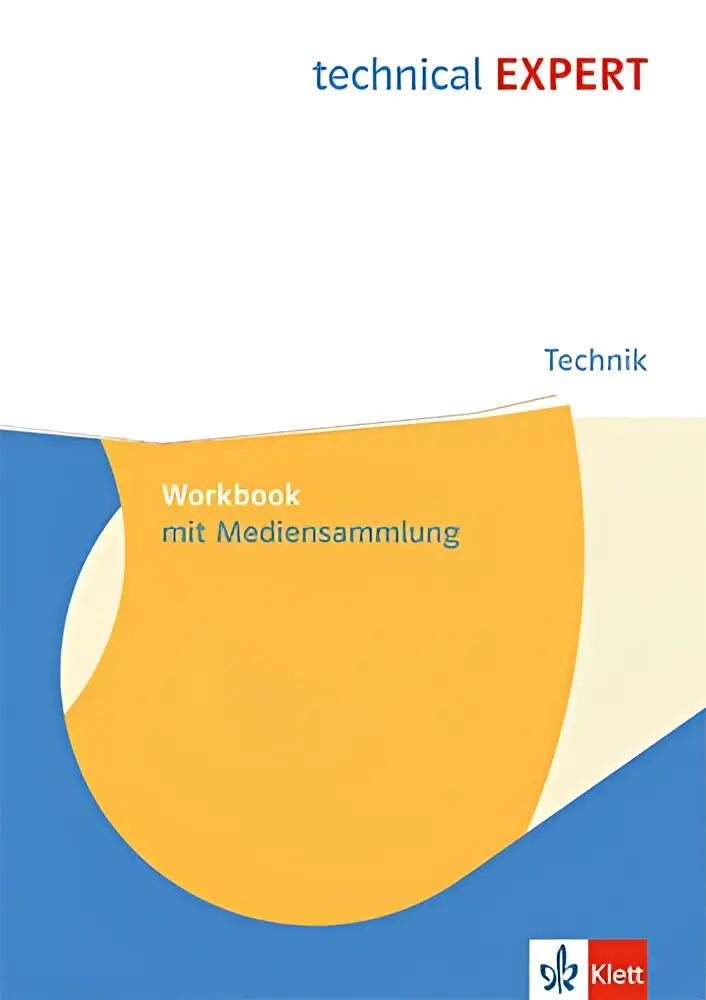 Blue en oranje geometrisch ontwerp workbook mit mediensammlung met titel technical expert in rode tekst