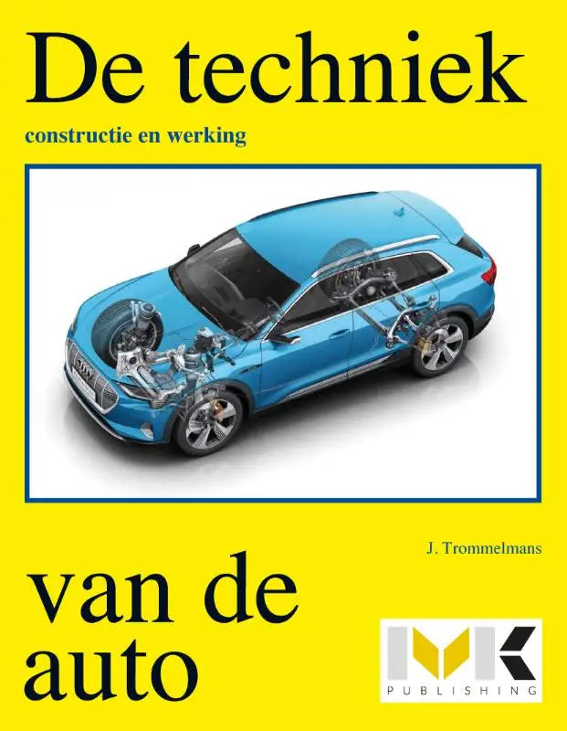 Een blauwe audi elektrische suv met open motor en mechanische onderdelen in de techniek van de auto voor vakken bve-sector