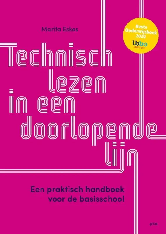 Technisch lezen in een doorlopende lijn hardcover leerboek met magenta omslag en gele awardzegel