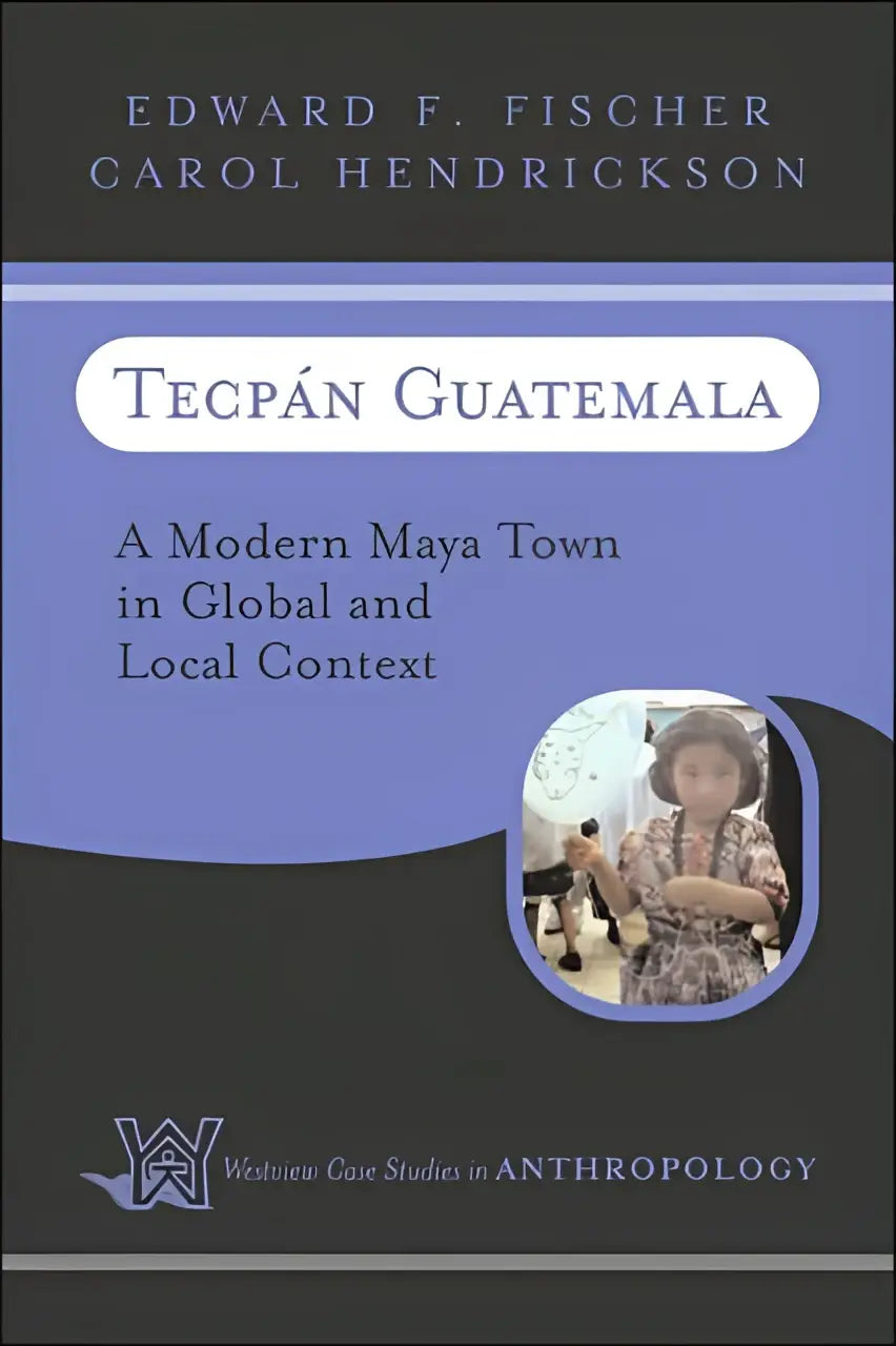 De boekomslag van tecpan guatemala toont een moderne maya town met een donkergrijze achtergrond en lavendelblauwe band