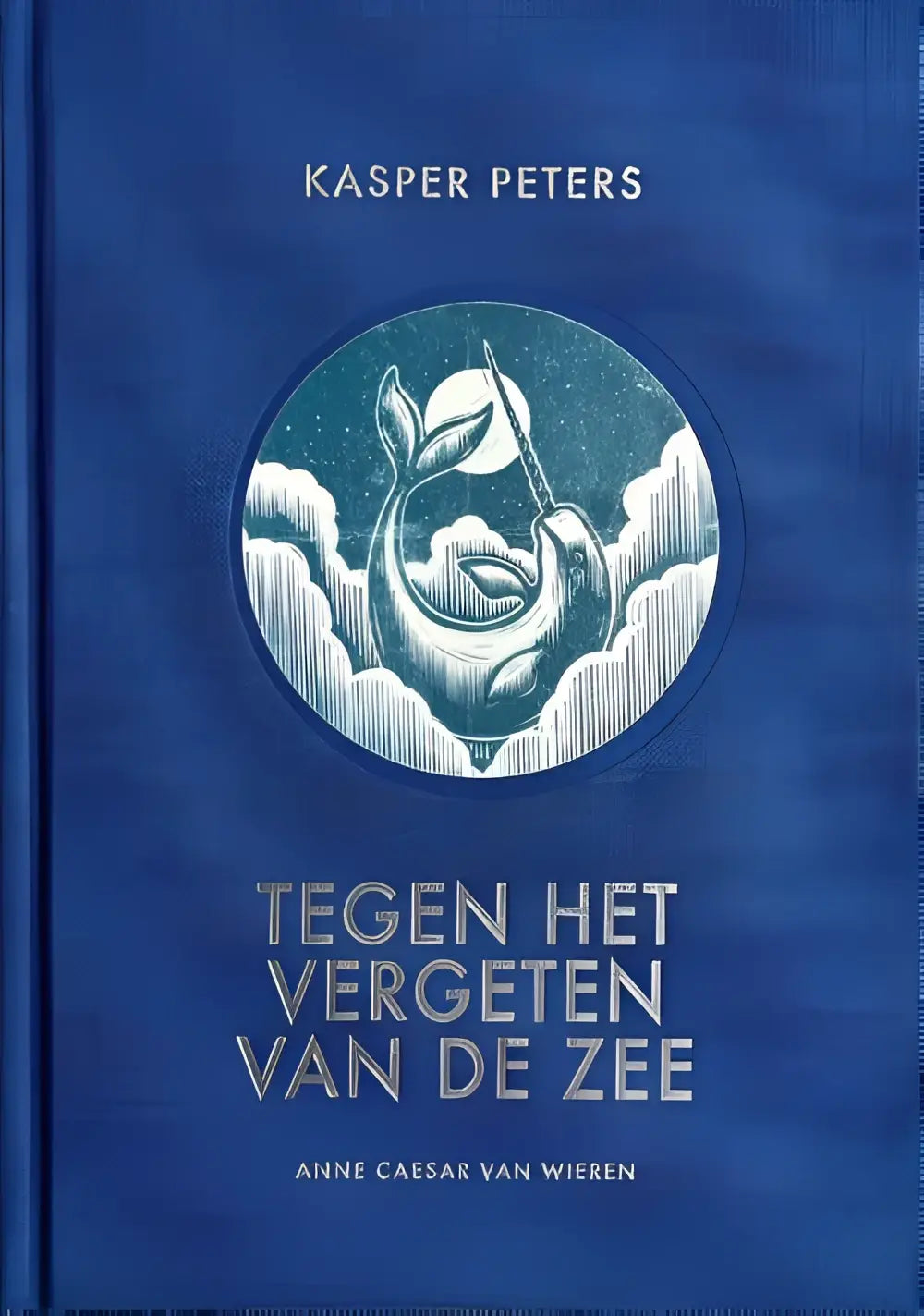 Diepblauw nederlandstalig hardback van kasper peters met zilverfolie illustratie en titel tegen het vergeten van de zee voor jonge lezers