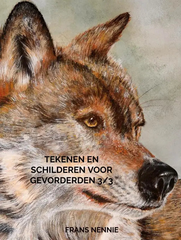 Een gedetailleerde realistische illustratie van een wolfshoofd in profiel in bruine, grijze en zwarte tinten voor tekenen en schilderen gevorderden 3/3