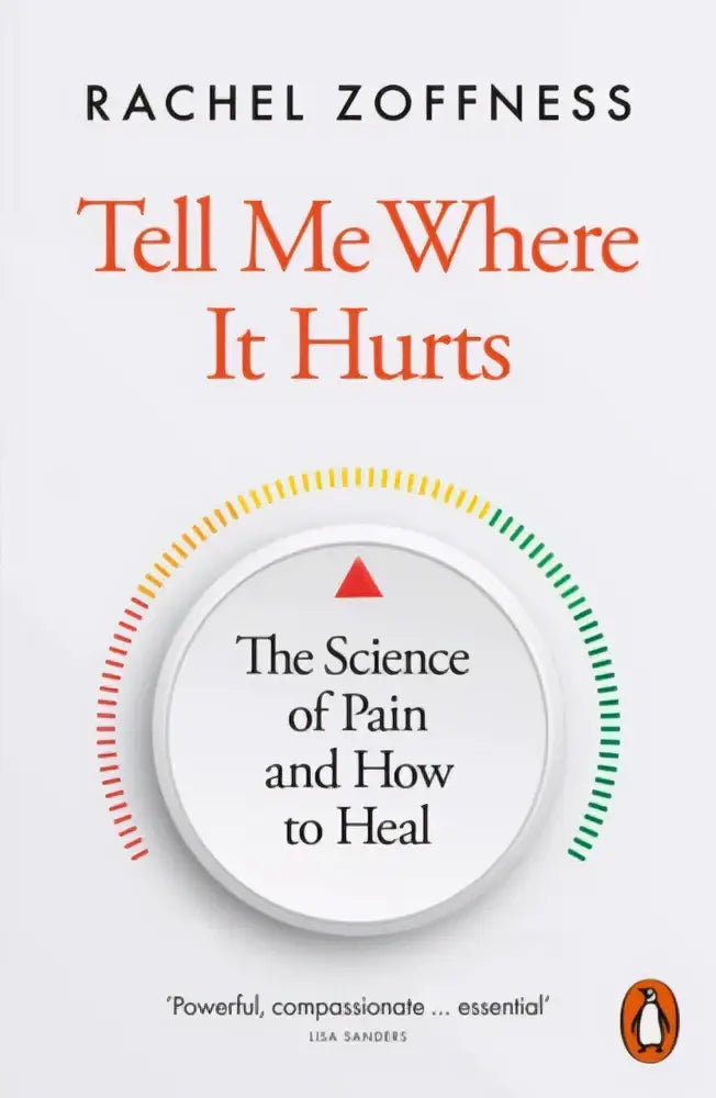 De boekcover van tell me where it hurts door rachel zoffness toont een minimalistisch ontwerp met een cirkelvormige wijzerplaat in rood, geel en groen op witte achtergrond