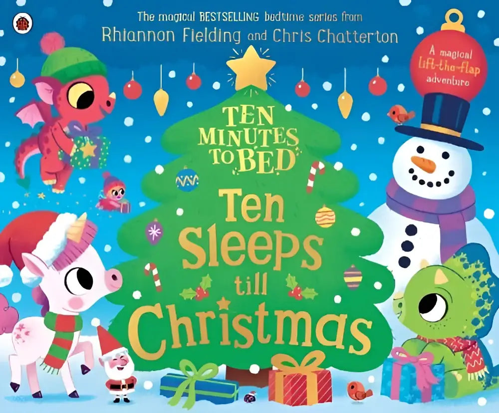 Een kleurrijk kinderboek met kerstboom en cartoonfiguren getiteld ten minutes to bed ten sleeps till christmas