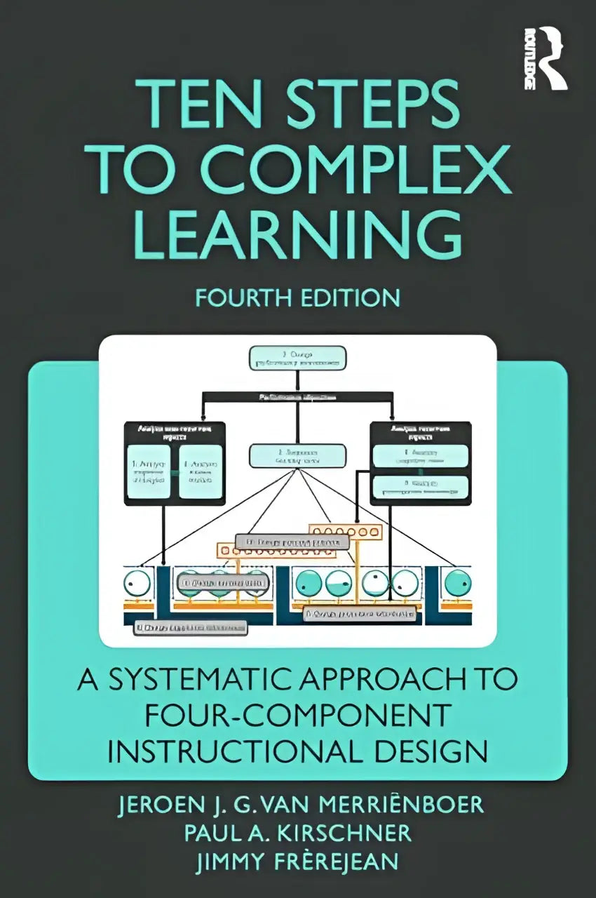 De boekcover van ten steps to complex learning toont de titel in teal letters met een diagram van instructional design