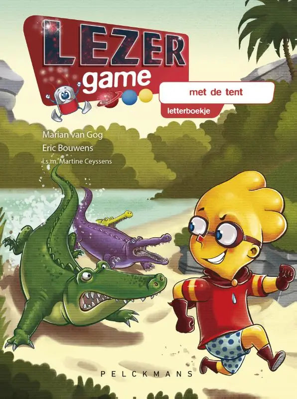 Een kleurijk letterboekje voor jonge lezers met een cartoon jongen en twee krokodillen en de titel lezer game met de tent