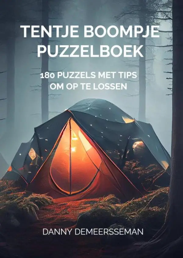 Donkere groen oranje camping tent met licht in mistig bos voor tentje boompje puzzelboek met 180 puzzels
