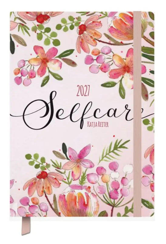 Zelfzorg terminkalender jahresbegleiter selfcare 2027 met zachte roze aquarel bloemen en elegant zwart schrift