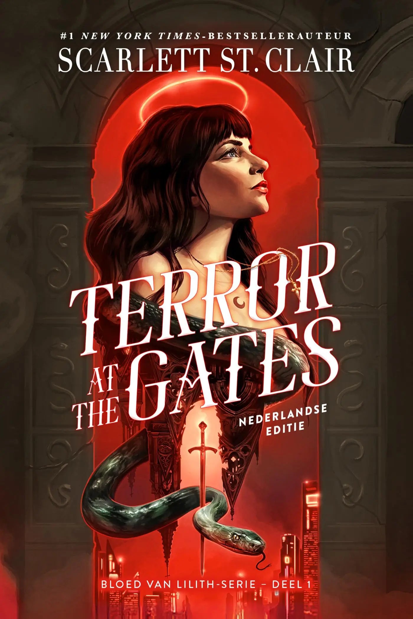 Rood en zwart geïllustreerd boekomslag terror at the gates met vrouw en coiled slang onder de titel