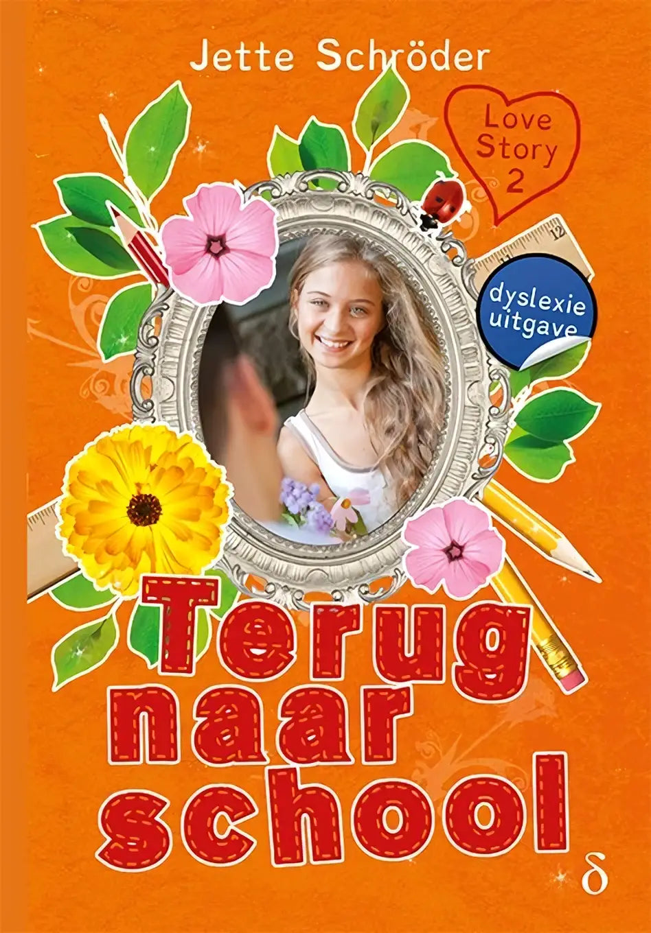 Terug naar school boek met zilverkleurige ovaalvormige lijst van lachend meisje op oranje achtergrond met bloemen