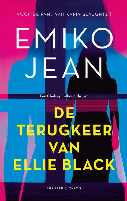 Vibrant roze en blauwe boekcover van ellie black met zwarte silhouet van vrouw en gedurfde witte en gele tekst