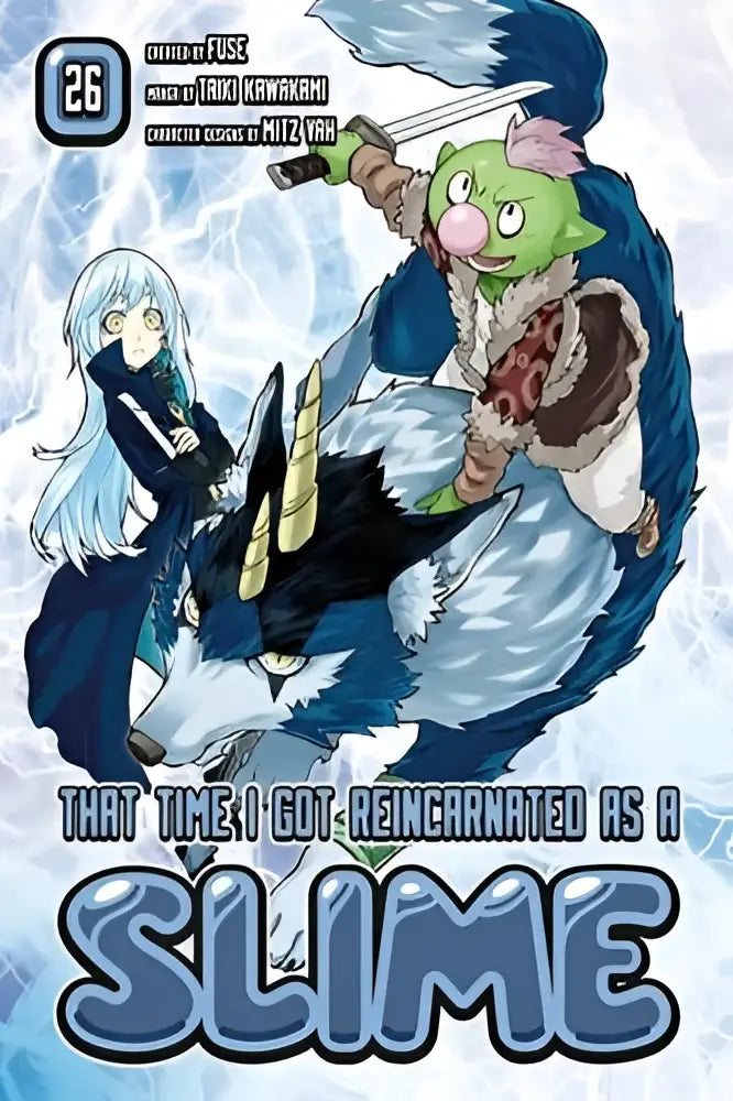 De omslag van the cover art for that time i got reincarnated as a slime volume 26 toont een groenachtig personage met roze haar en zwaard op een groot blauwbehaard beest