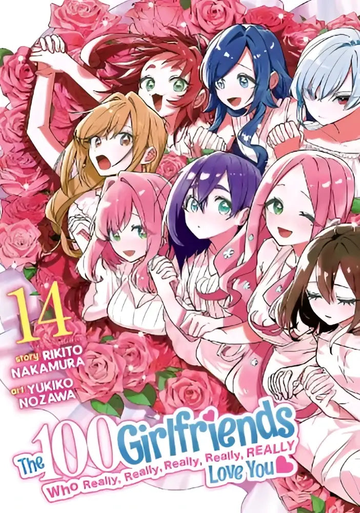 The 100 girlfriends who really volume 14 manga cover features vibrant pink roses and colorful anime girls
