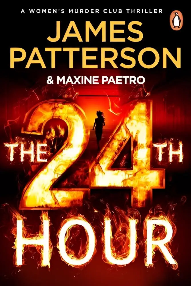 The 24th hour book cover features a fiery orange and red design with bold flame-like lettering of the 24th hour title