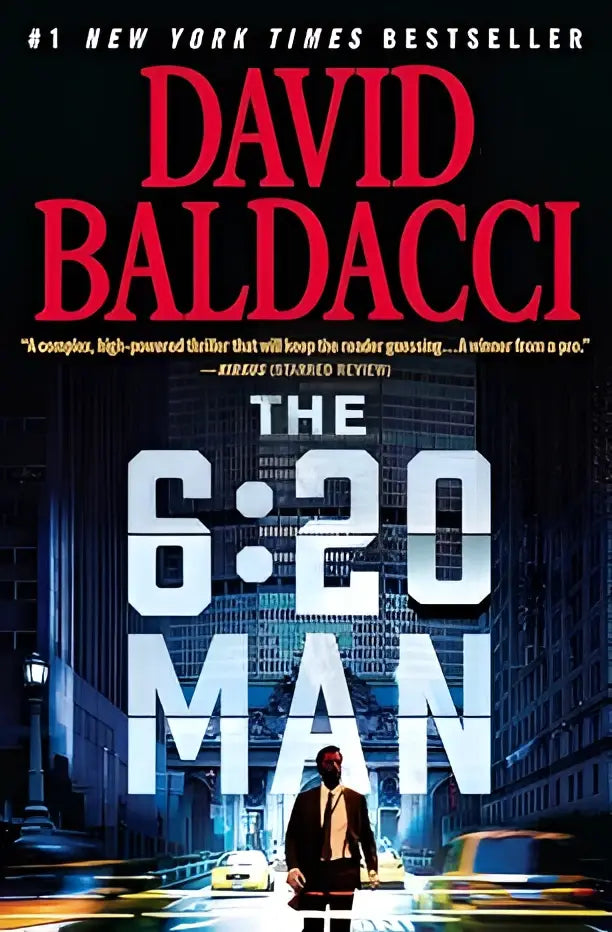 De boekomslag van the 6 20 man een thriller grote druk met rode en witte tekst op een donkere stadsachtergrond