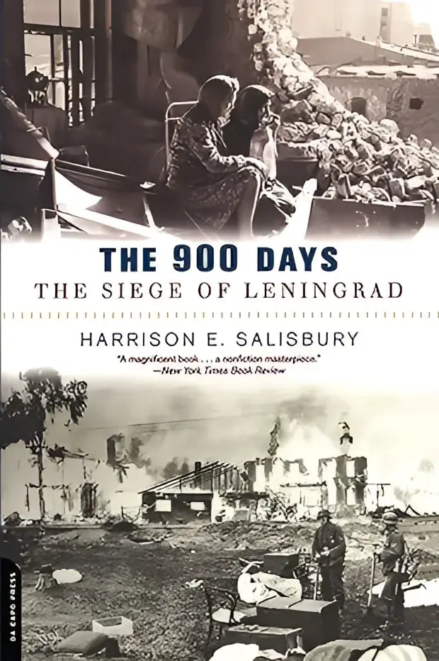Zwarte-witte historische boekomslag van the 900 days the siege of leningrad door harrison e over de belegering
