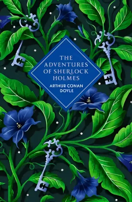 The adventures of sherlock holmes special edition book with vibrant green leaves blue flowers and silver key motifs
