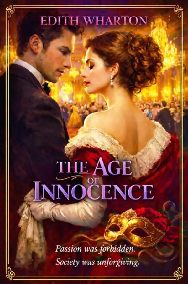 A golden ornate mask resting on red roses illustrating the age in the illustrated edition the age of innocence