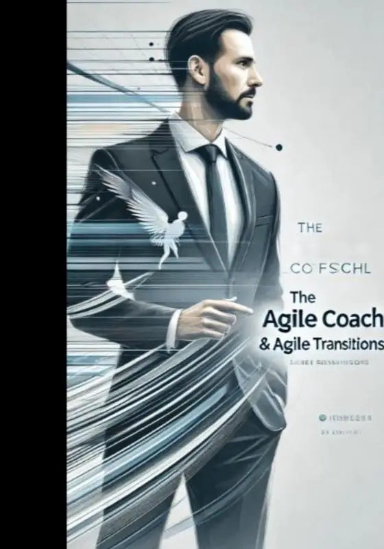 De agile coach en agile transitions boek toont een man in donker pak met digitale lijnen en een engelachtige figuur overlaid, navigeren change with confidence