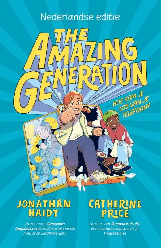 The amazing generation boekcover met gedurfde gele letters op een levendige blauwe achtergrond en dynamische cartoonfiguren