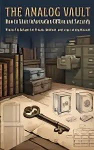 De analog vault boekomslag toont sepia afbeelding van een antieke sleutel en houten planken over hoe informatie offline te bewaren