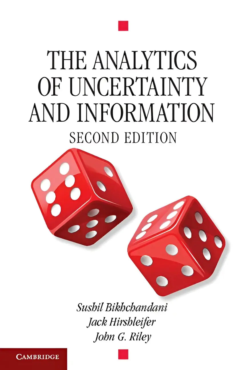 Rood plastic dobbelsteen met witte ogen op de omslag van the analytics of uncertainty and information tweede editie