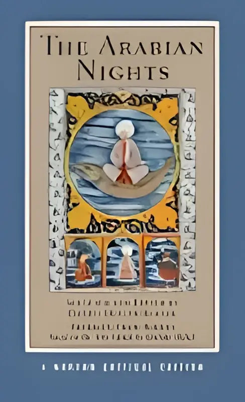 The arabian nights boekomslag met een gedetailleerd ontwerp en een centrale afbeelding van een figuur op een maansikkel
